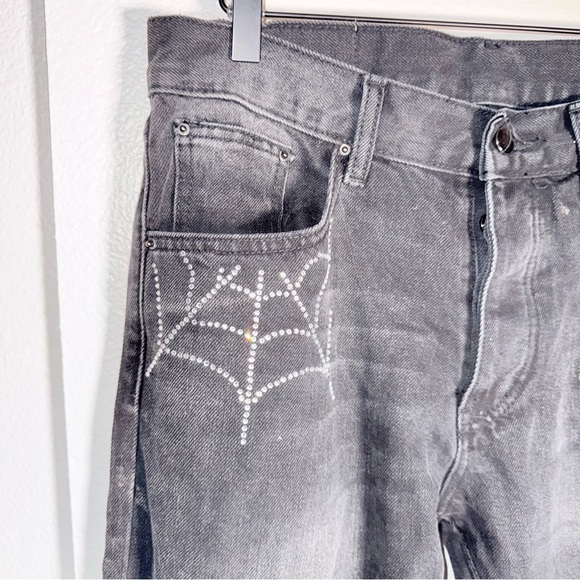 MNML gothic witchy whimsigoth rhinestone spiderweb raw hem jeans mens cut 31 - Picture 3 of 7